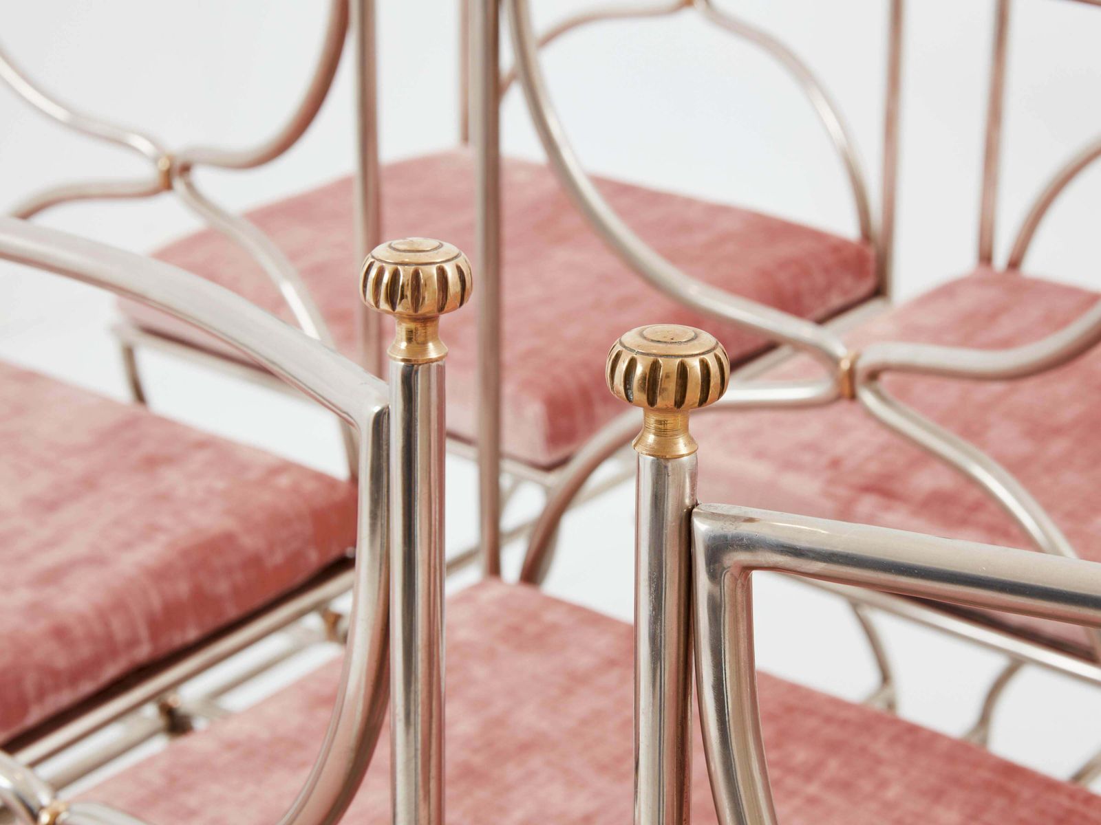 Maison Jansen 12 Curule Chairs Steel Brass Pink Velvet 1960s photo Furniture