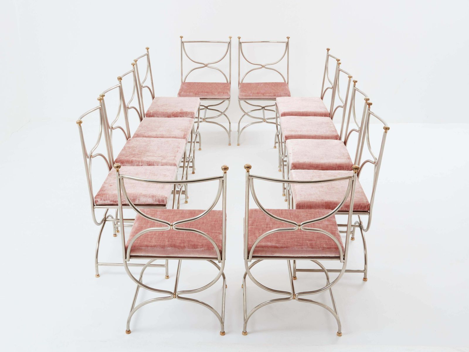 Maison Jansen 12 Curule Chairs Steel Brass Pink Velvet 1960s photo 32498.0