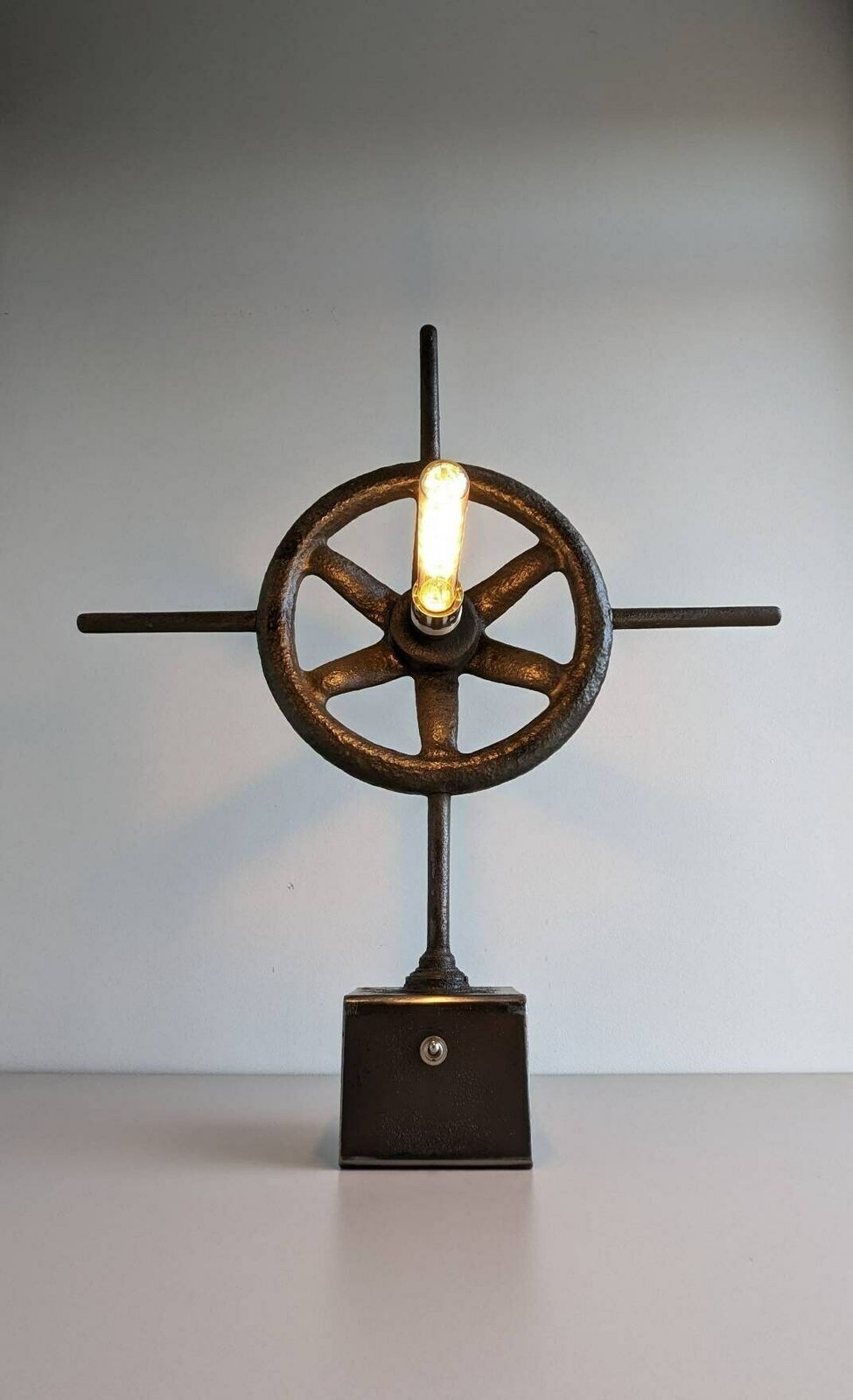 Vintage Industrial Ship's Wheel Gate Valve Upcycled Into Accent Table Lamp photo for sale