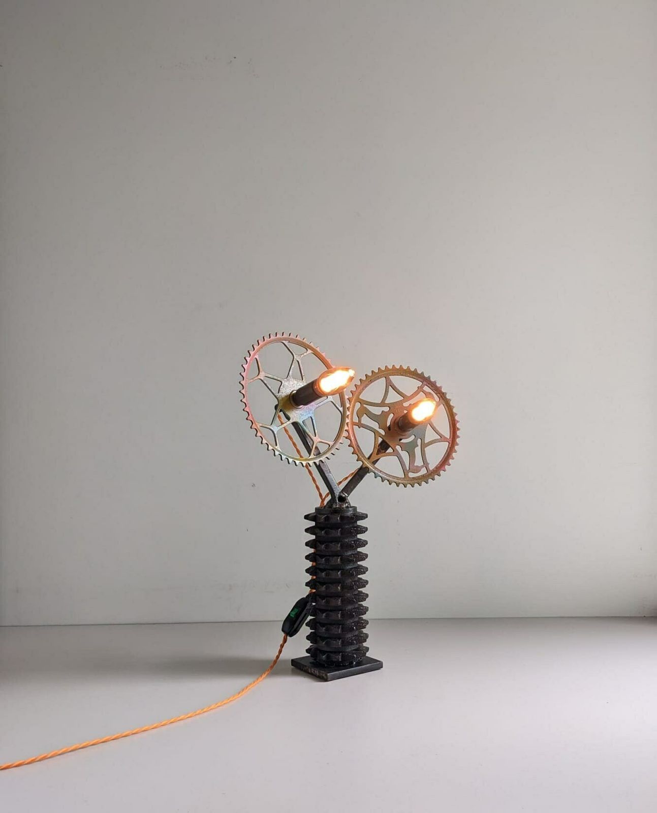 Bespoke Handbuilt Light Made Of Bike Parts, Quirky Accent Table Lamp photo vinterior