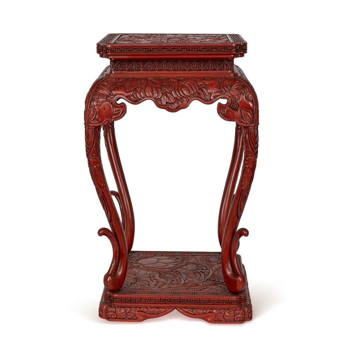 Antique 19th Century Chinese Red Cinnabar Lacquer Floral Pedestal C.1880 photo for sale
