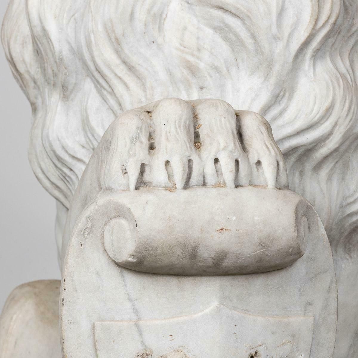 photo furniture Antique 19th Century Italian Pair Of Marble Lions With Heraldic Shield C.1880