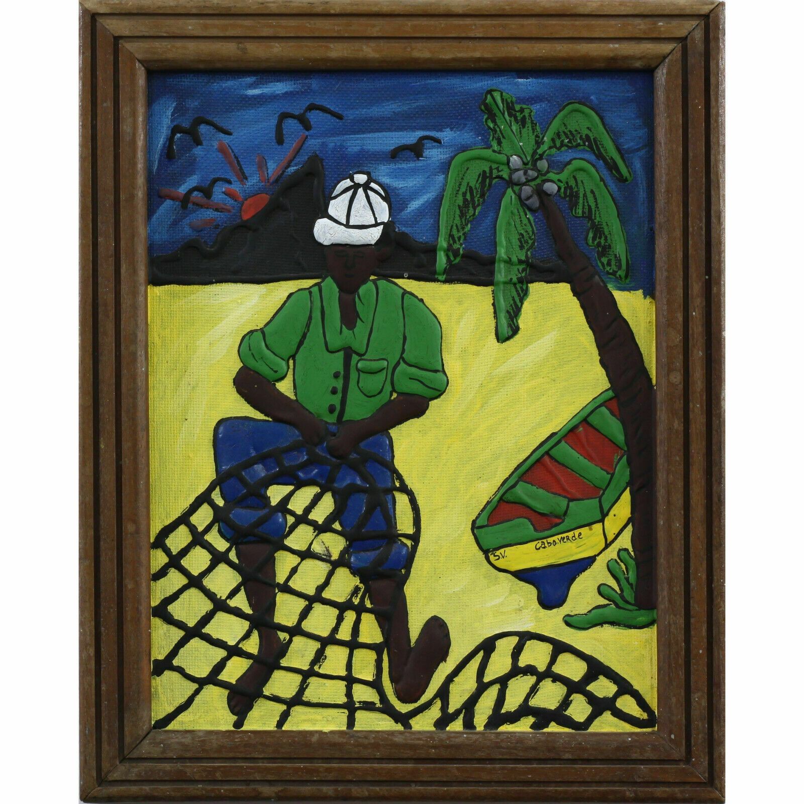 Mixed Media On Board Showing A Fisherman Mending His Nets In Cape Verde