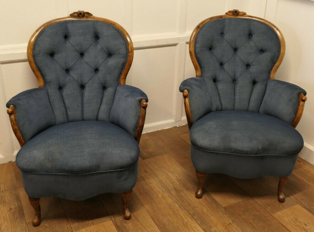 Pair Of French Blue Button Back Salon Chairs photo Furniture