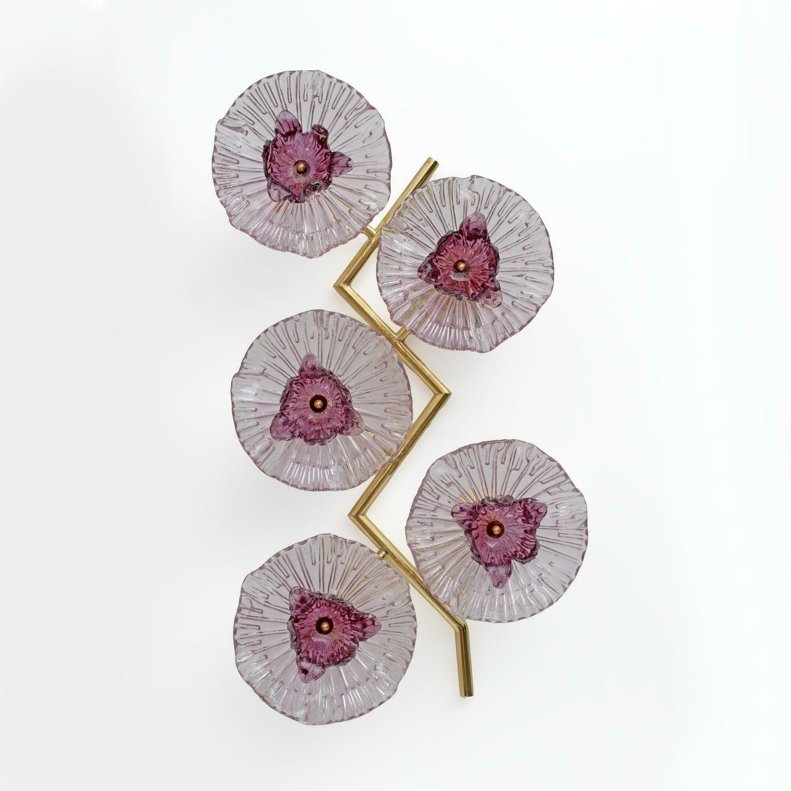 Pair Of Modern Italian Murano Glass And Brass Flowers Wall Lamps photo for sale