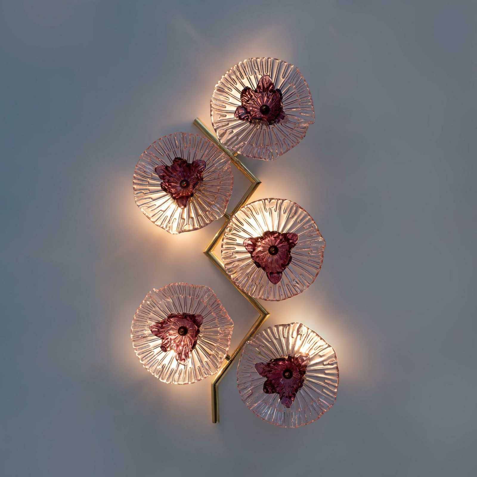 Pair Of Modern Italian Murano Glass And Brass Flowers Wall Lamps photo buy
