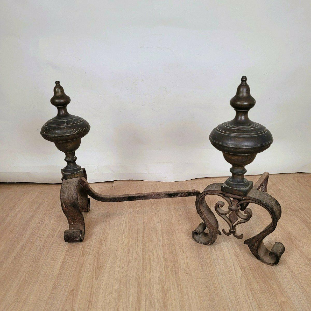 Pair Of Andirons In Bronze And Wrought Iron, 19th Century photo vintage