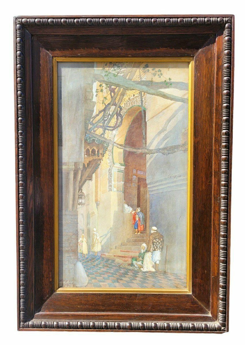 Lively Alley, Framed Orientalist Watercolor, Late 19th Century Early 20th Century