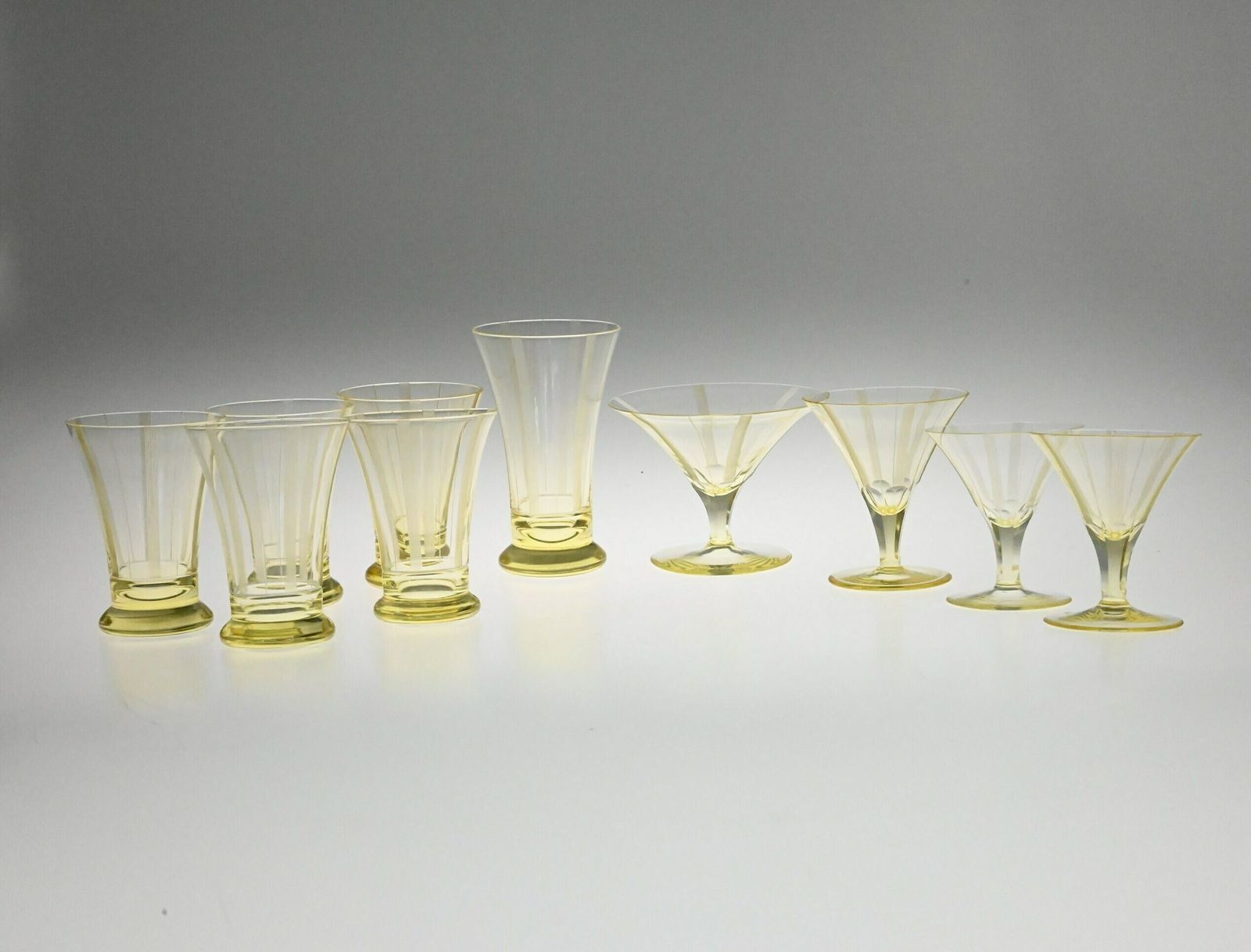 Antique Set Of Ten Yellow Art Deco Glassware, Liquer Glass Set, Art Deco Glass, Vintage Champagne Glasses, Vintage Glasses, Engraved Glasses