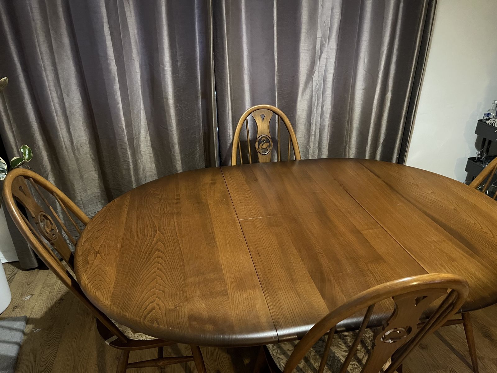 Ercol Dining Table Pedestal Extending And Set Of Four Swan Back Chairs photo Furniture