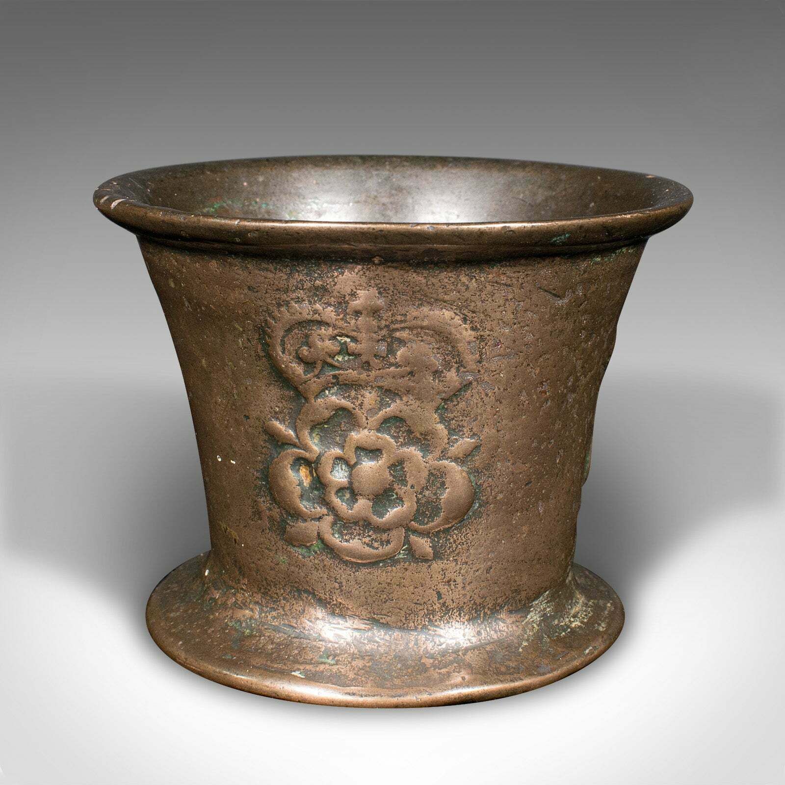 Antique Tudor Rose Mortar And Pestle, English, Bronze, Apothecary, 17th Century photo buy