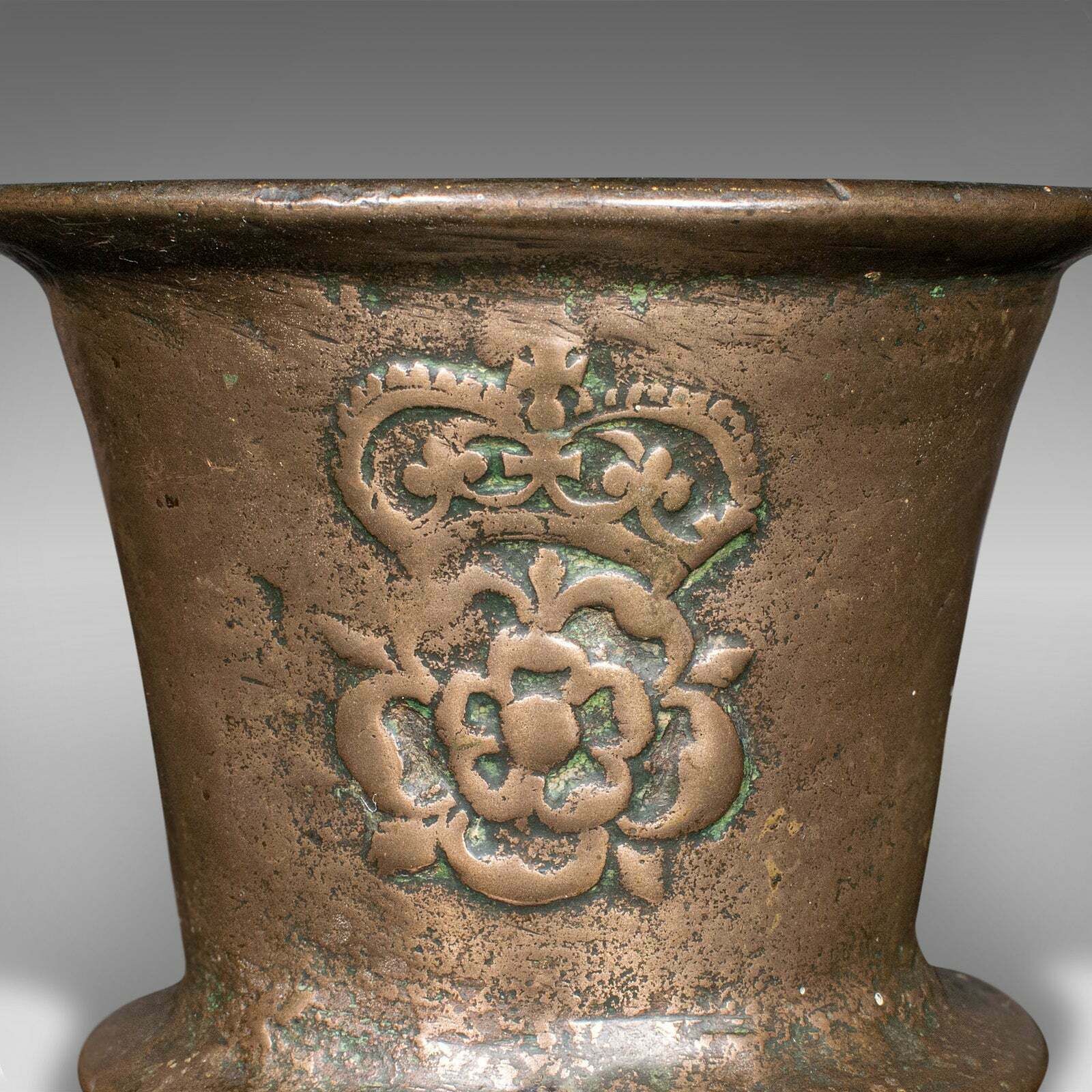 Home Decor Antique Tudor Rose Mortar And Pestle, English, Bronze, Apothecary, 17th Century photo