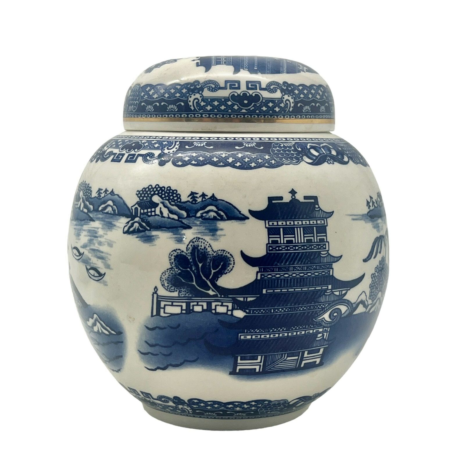 Vintage Ringtons Limited Ceramic Tea Caddy   Newcastle Upon Tyne   Blue & White Pagoda Design   Kitchenalia photo for sale