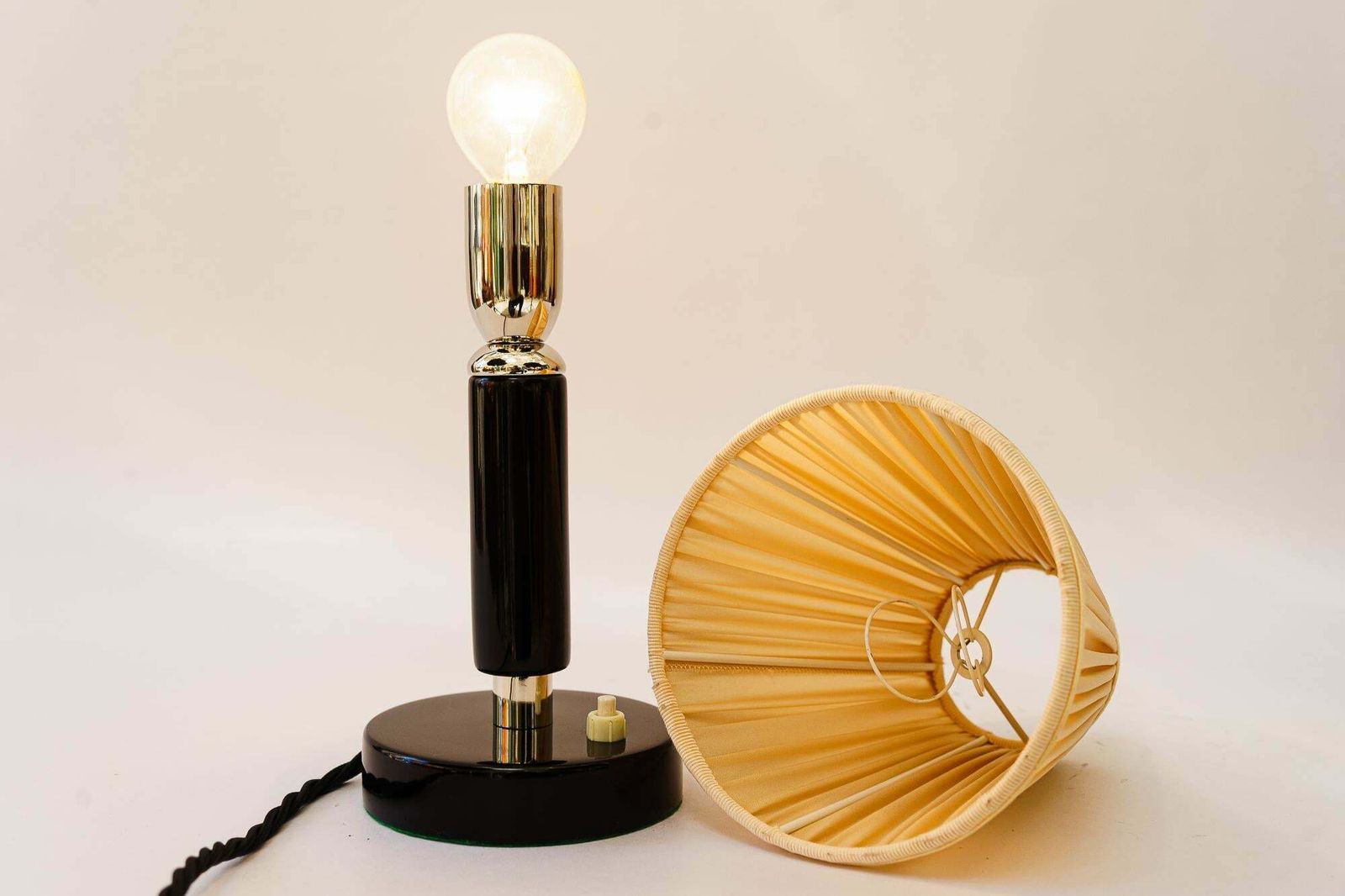 photo furniture Art Deco Nickel Plated Wooden Table Lamp With Fabric Shade Around 1920s