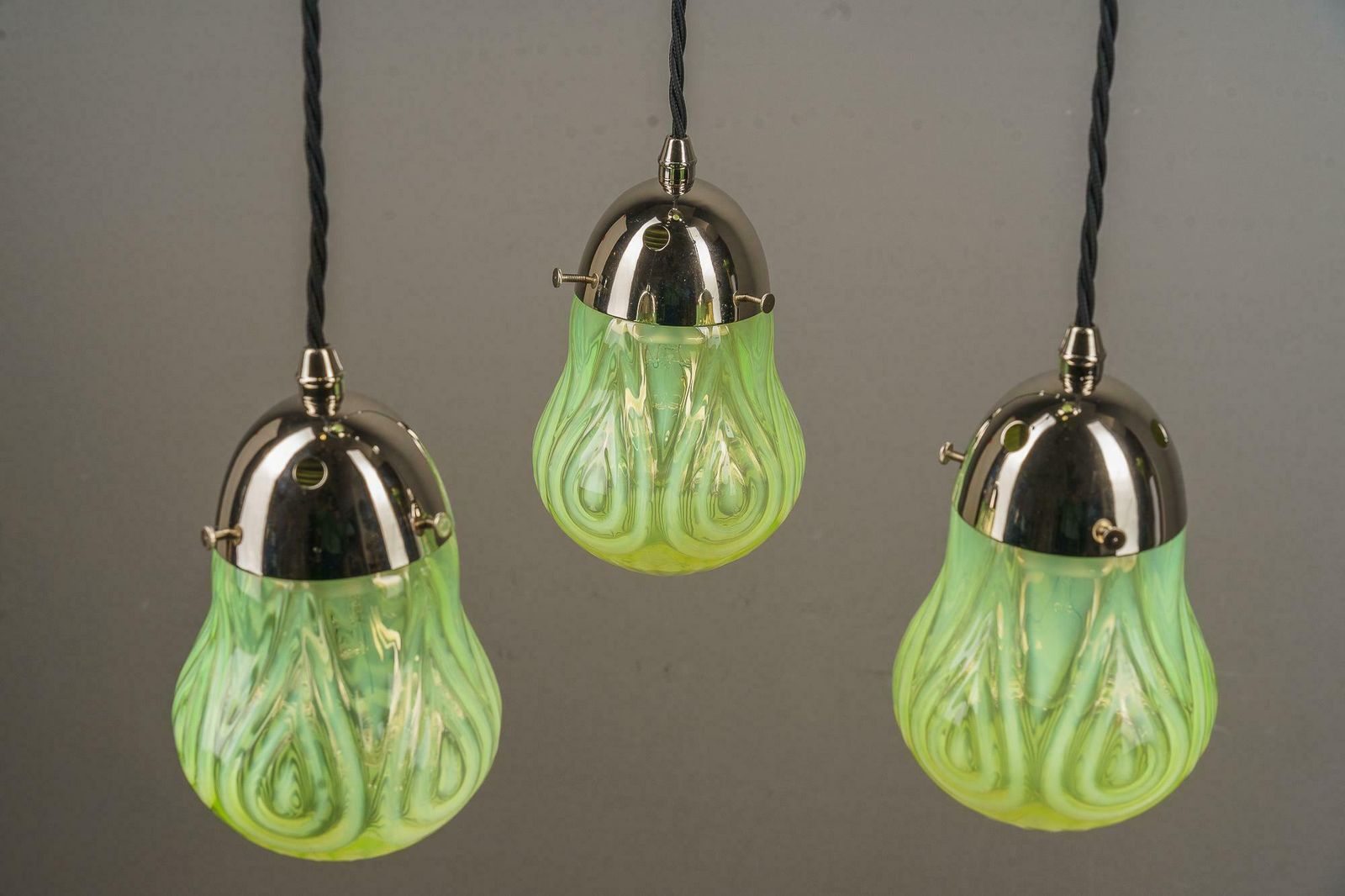 photo for sale Art Deco Nickel Chandelier With Original Opaline Glass Shades Vienna 1920s