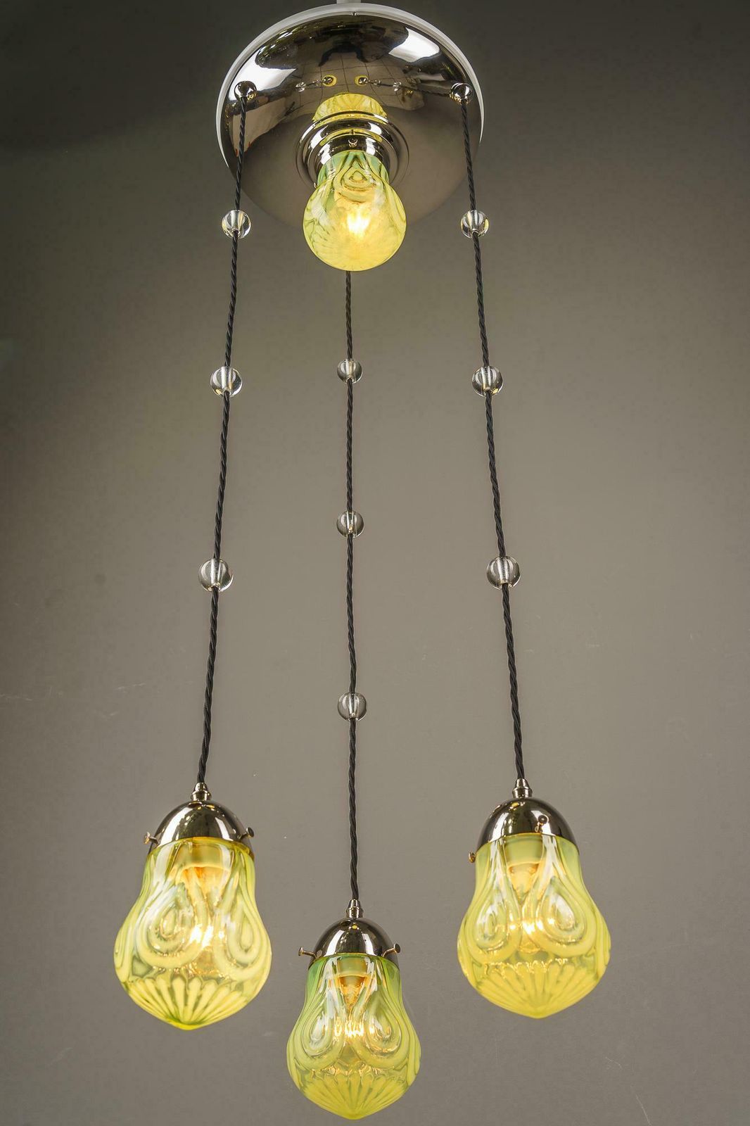 photo vinterior Art Deco Nickel Chandelier With Original Opaline Glass Shades Vienna 1920s