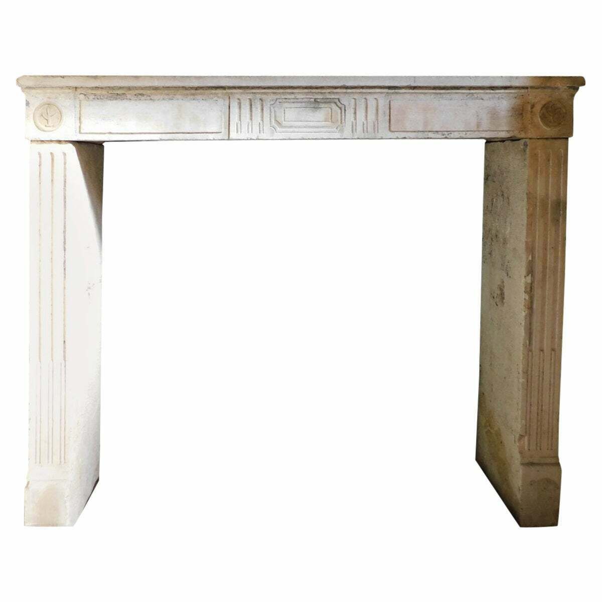 Old Carved Stone Fireplace Mantle, Small With Geometric Carvings, Italy