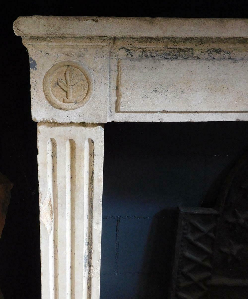 Old Carved Stone Fireplace Mantle, Small With Geometric Carvings, Italy photo for sale