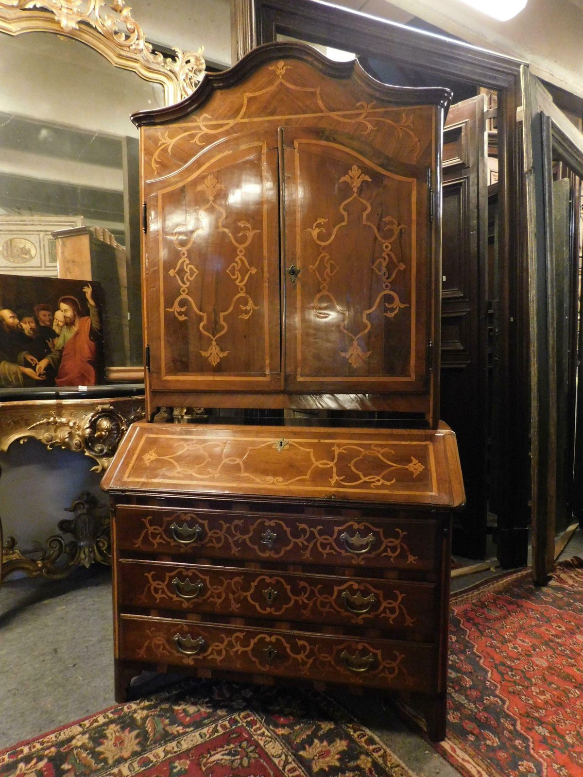 Trumeau Cabinet In Walnut Richly Inlaid, Italy photo for sale