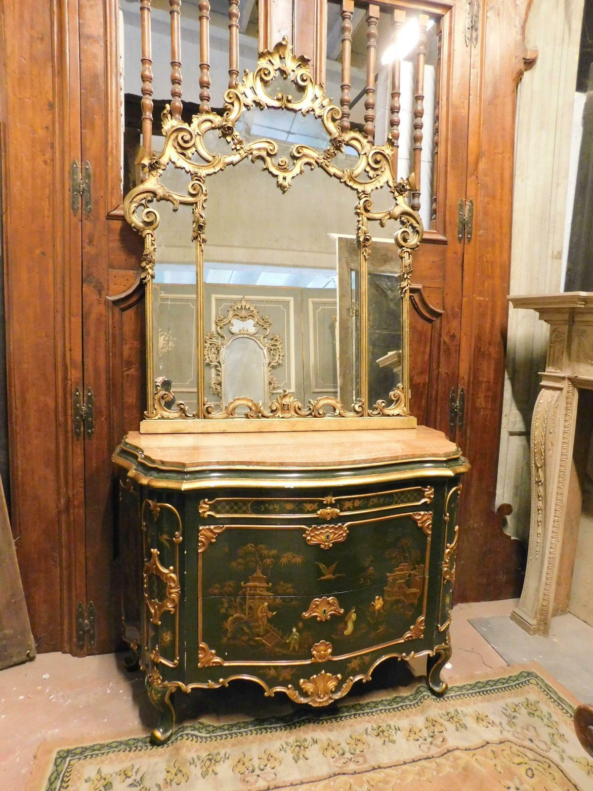 Vintage Chest Of Drawers With Mirror, Gilded With Painted Chinoiserie, Italy photo vintage