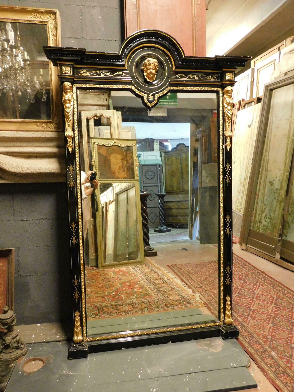Mirror In Black Lacquered Wood, With Rich Golden Sculptures, Italy photo for sale