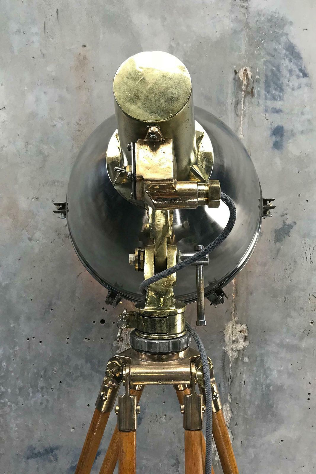 1970s Japanese Industrial Brass, Bronze And Stainless Steel Search Light Tripod photo vinterior