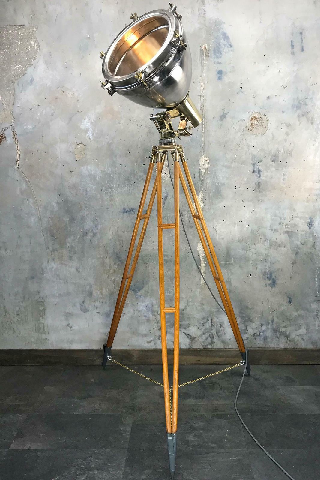 3250.0 1970s Japanese Industrial Brass, Bronze And Stainless Steel Search Light Tripod photo