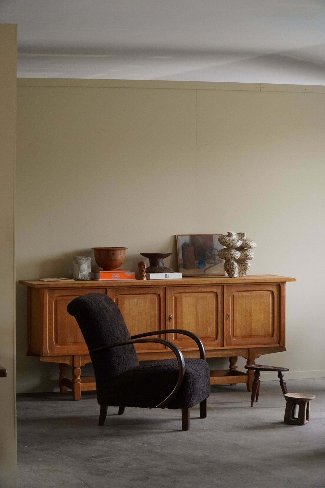 A Pair Of Danish Mid Century Modern Lounge Chairs In Beech & Lambswool, 1940s photo vinterior