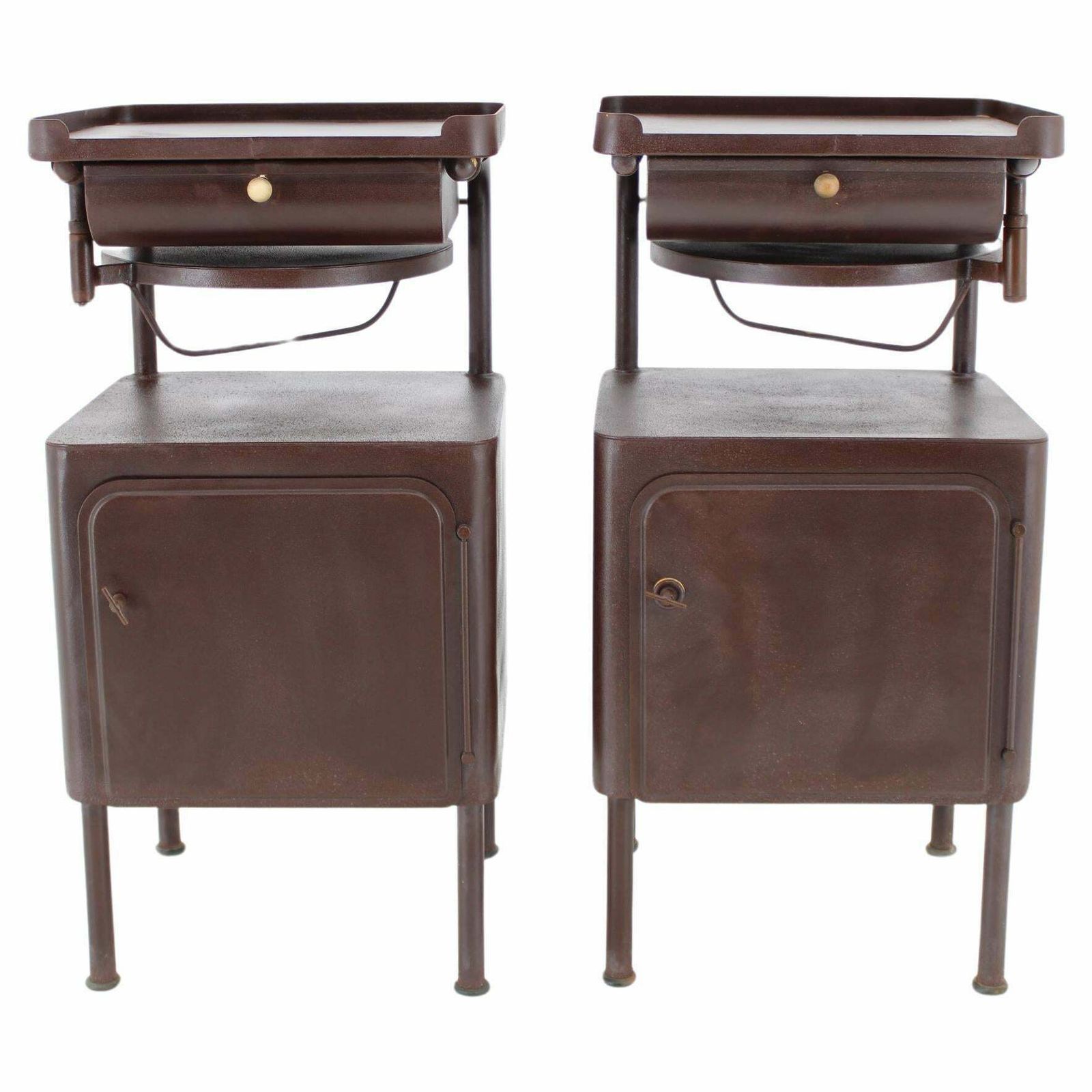 1940s Pair Of Industrial Nightstands With Pull Out Table, Czechoslovakia