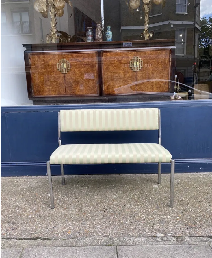 Chrome Bench Green Stripped 1970s Italian Hollywood Regency Mint Green