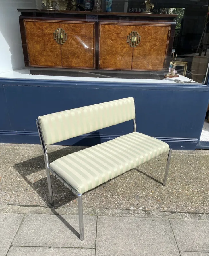 photo furniture Chrome Bench Green Stripped 1970s Italian Hollywood Regency Mint Green