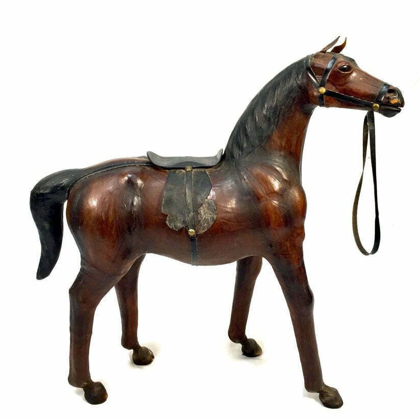 Vintage Mid 20th Century Large Sized Leather Horse Model Antique Floor Standing photo 400.0
