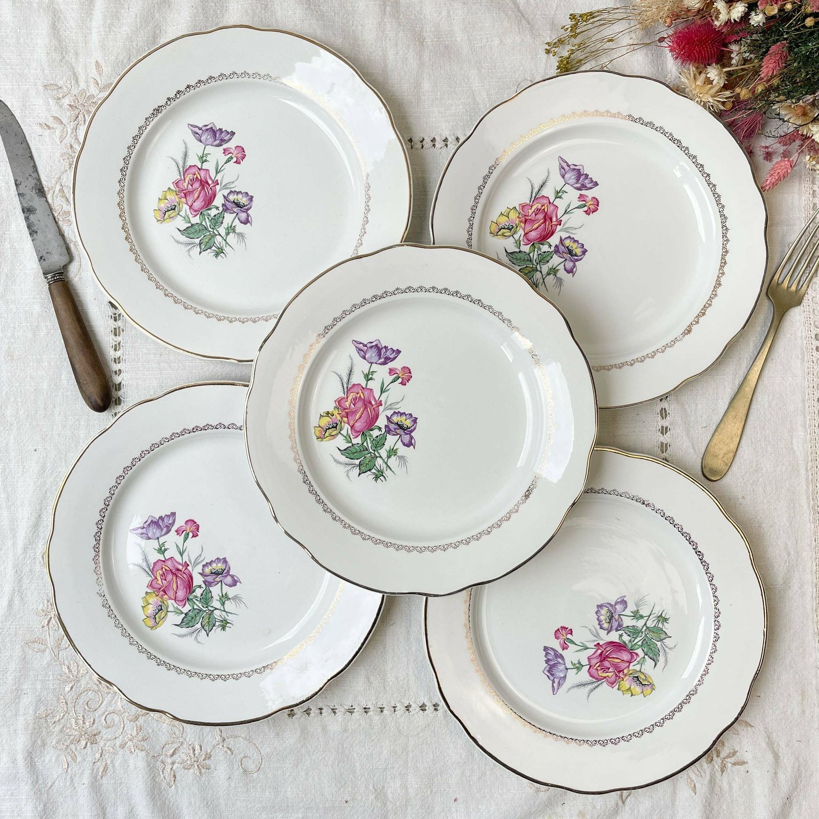 5 Digoin & Sarreguemines Porcelain Dinner Plates Rene Model Made In France 1950   Vintage French Tableware   Flower Plates
