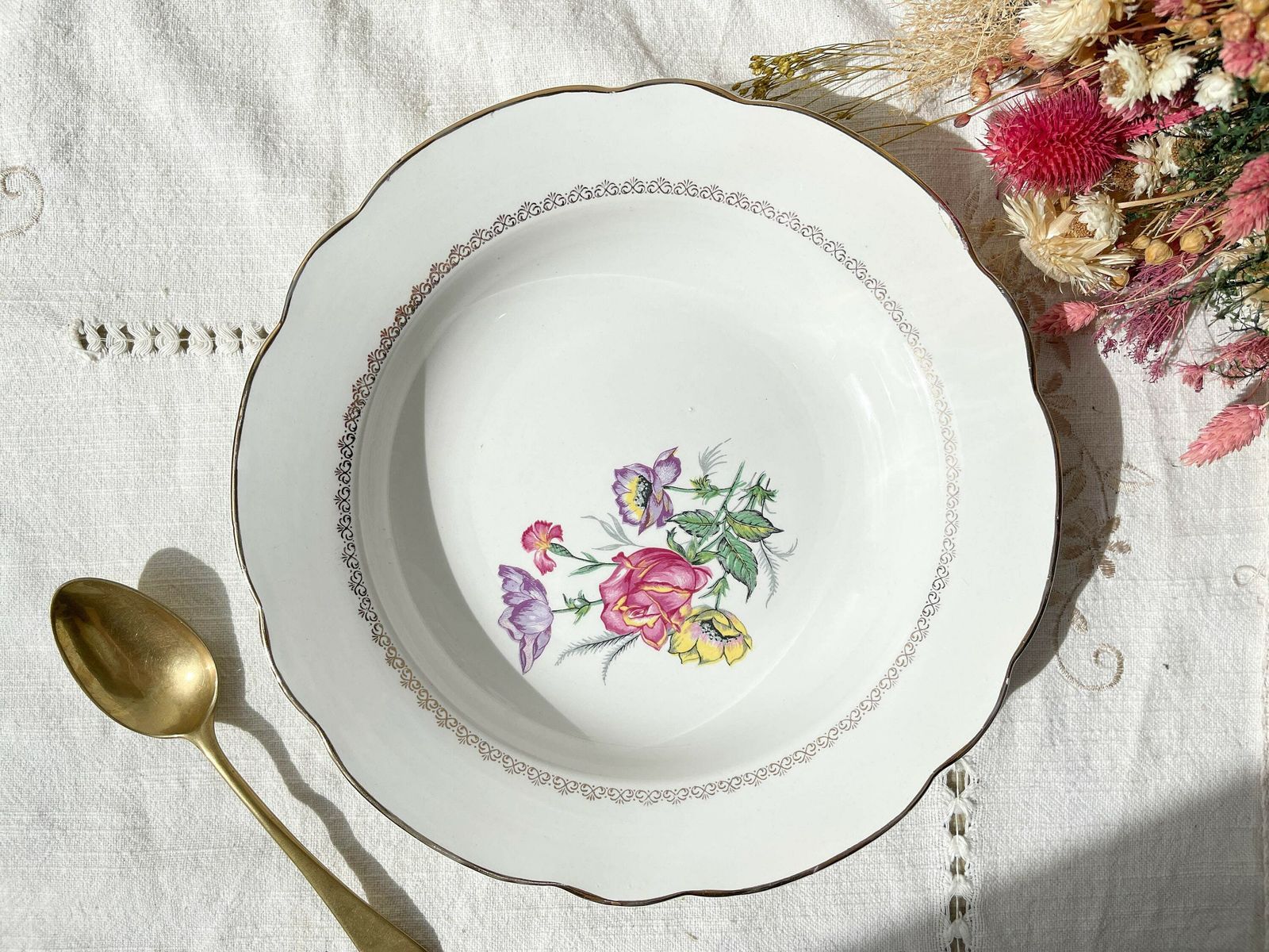 6 Digoin & Sarreguemines Porcelain Soup Plates Rene Model Made In France 1950   Vintage French Tableware   Flower Plates photo furniture