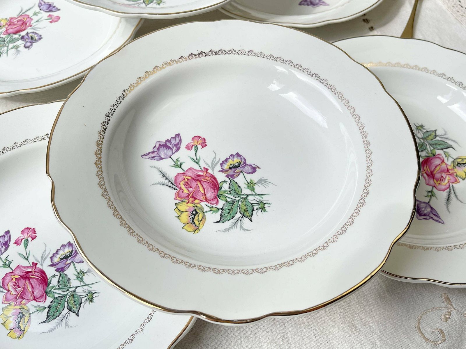 6 Digoin & Sarreguemines Porcelain Soup Plates Rene Model Made In France 1950   Vintage French Tableware   Flower Plates photo for sale