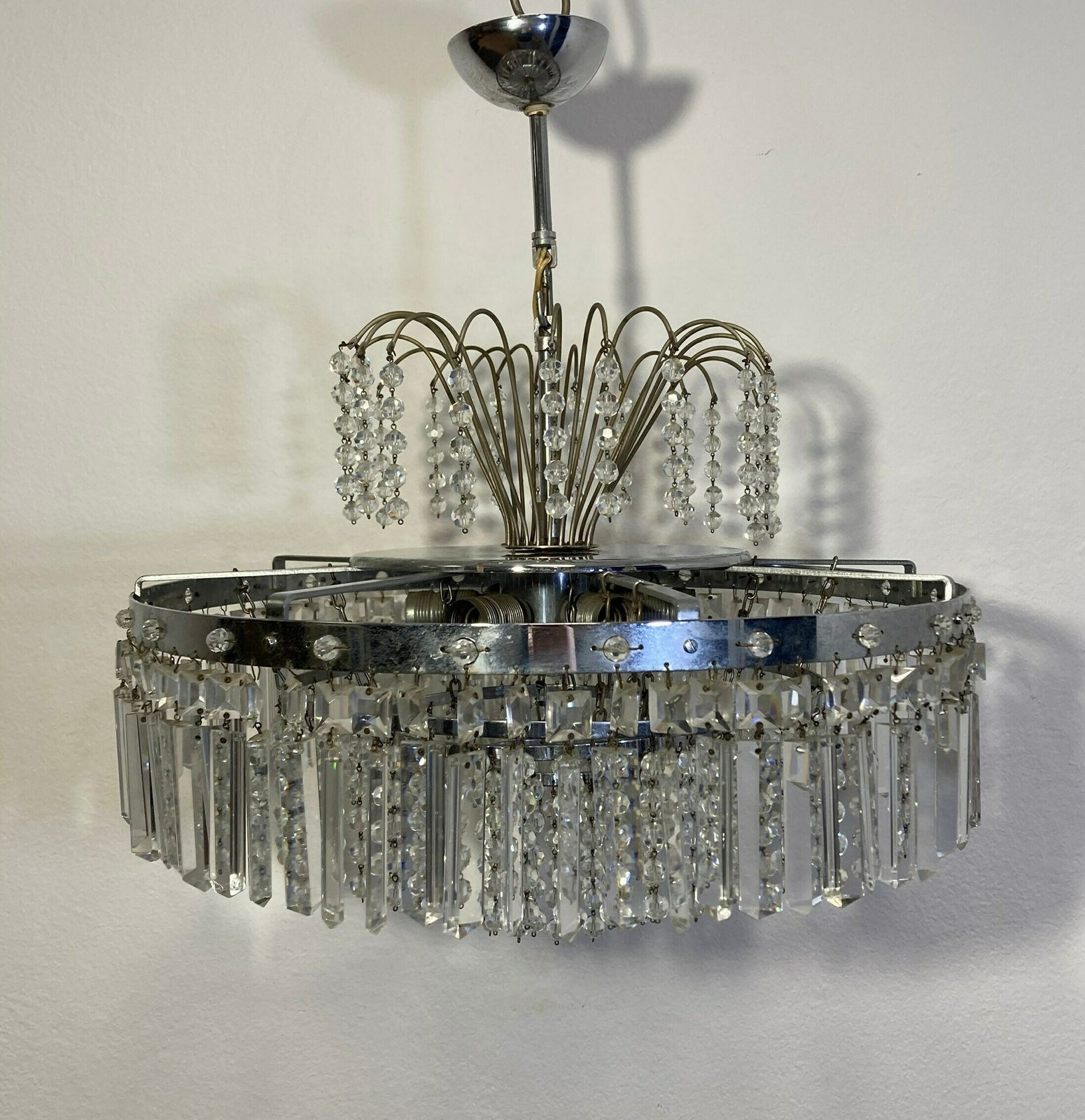 Antique Vintage Chrome & Crystals Empire Chandelier Ceiling Light Pendant Lighting Glass Lamp From 1970's