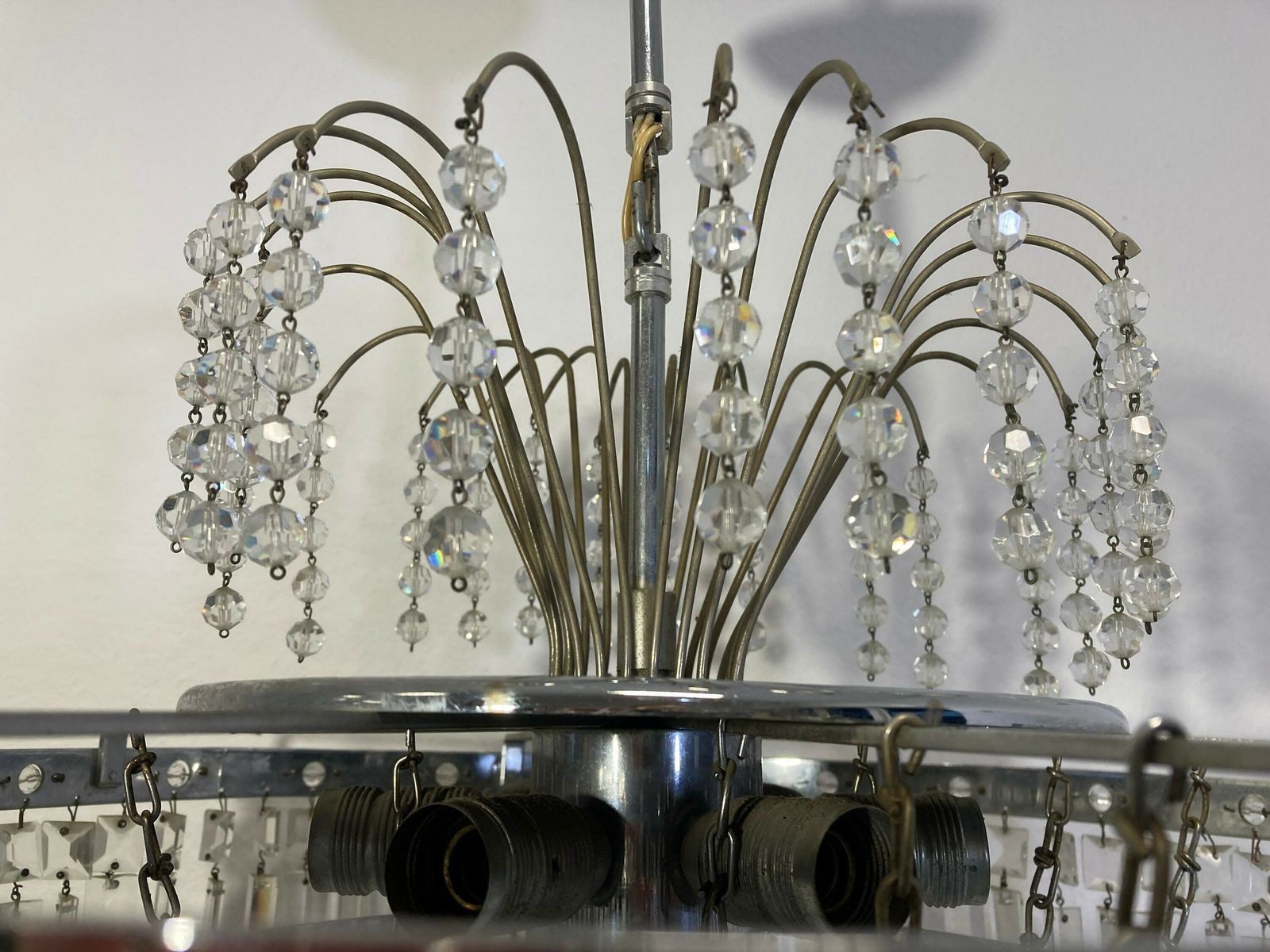 Antique Vintage Chrome & Crystals Empire Chandelier Ceiling Light Pendant Lighting Glass Lamp From 1970's photo furniture
