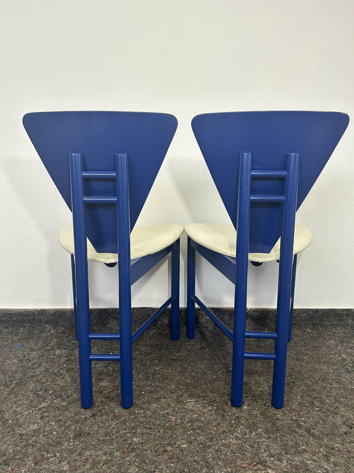 Pair Of 2 1980s Mid Century Modern Perforated Triangle Shape Italian Side Chairs / Blue Chair / Blue Wood Retro Memphis Style Chair photo furniture