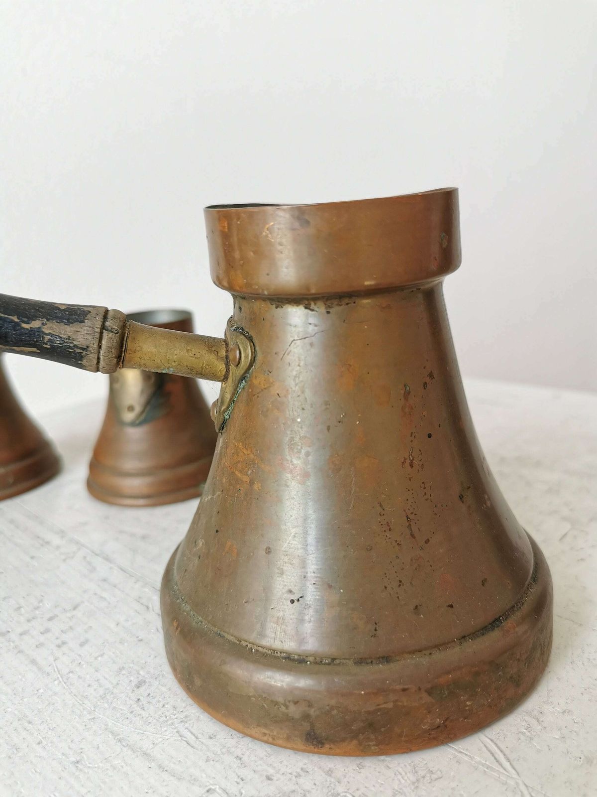 Set Of 3 Vintage Coffee Pots / 1970s Cooper Stove Top Coffee Makers / Turkish Or Bosnian Dzezva photo vinterior