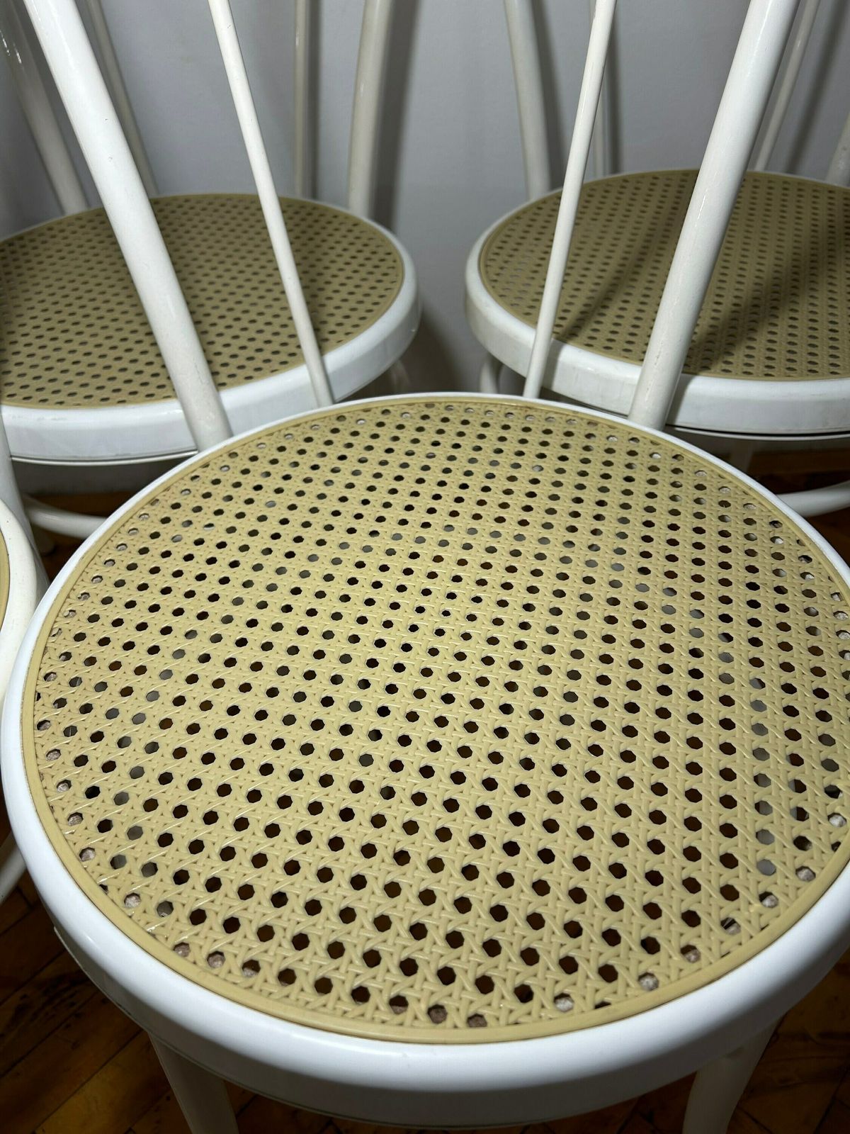 photo for sale 1 Of4 Retro White Metal Cafe Chairs Plastic Seat Cafe Set 1980s / Pop Art Thonet Style / 80s /Coffee Chairs/Bistro Chair