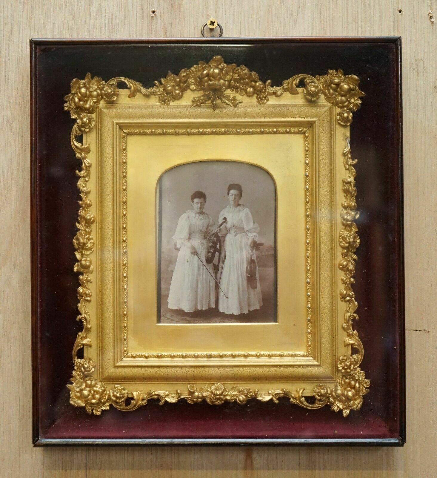 Antique Victorian Violinists Photo & Period Frame Cased Inside Display Case