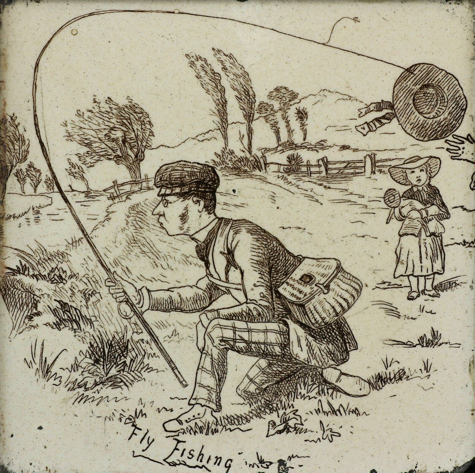 Wedgwood "An Eventful Day's Fishing" Series Antique Tile, Titled "Fly Fishing". photo furniture