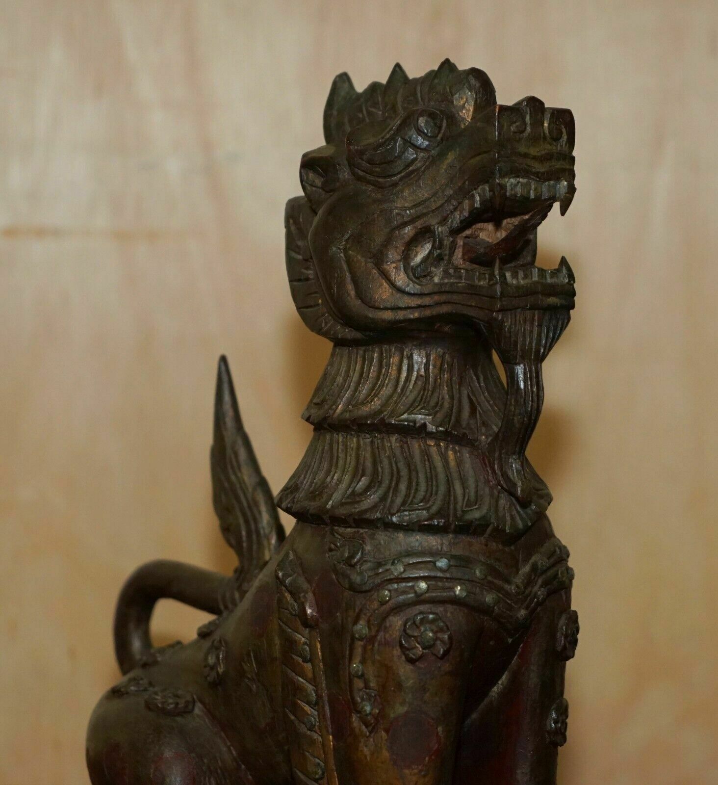 Art Large Decorative Vintage Mid Century Hand Carved Chinese Lion Foo Dog Statue photo
