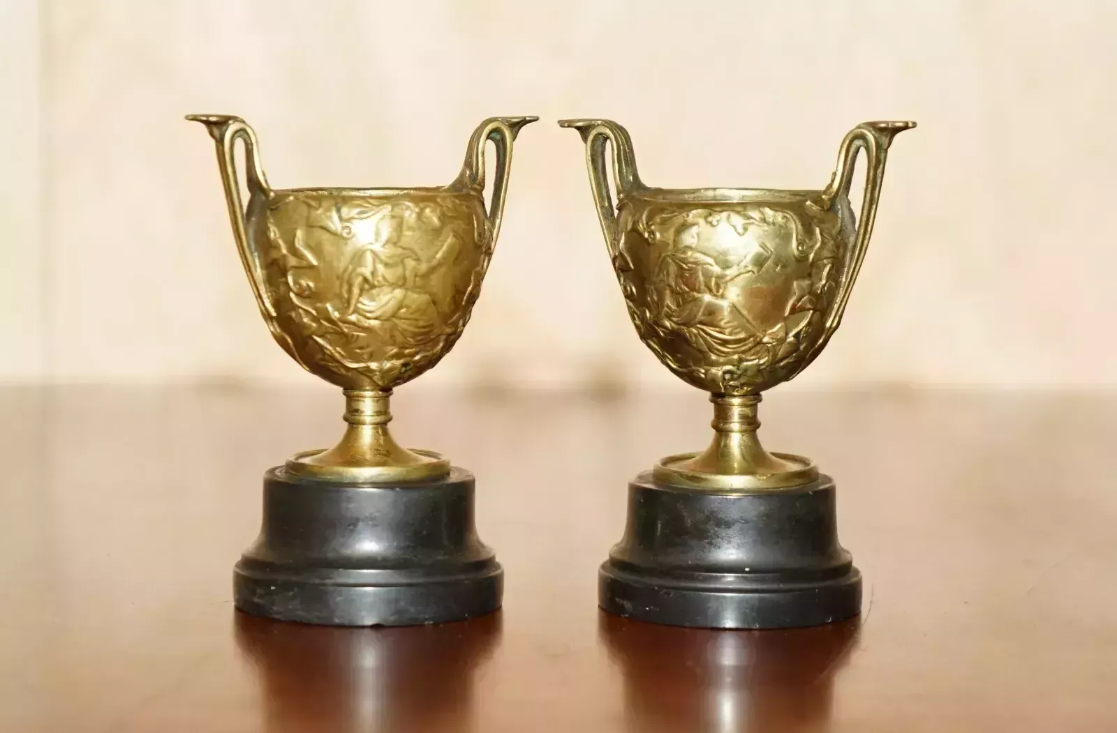 Matching Pair Of Antique Roman Grand Tour Hercules Gilt Brass Marble Base Cups