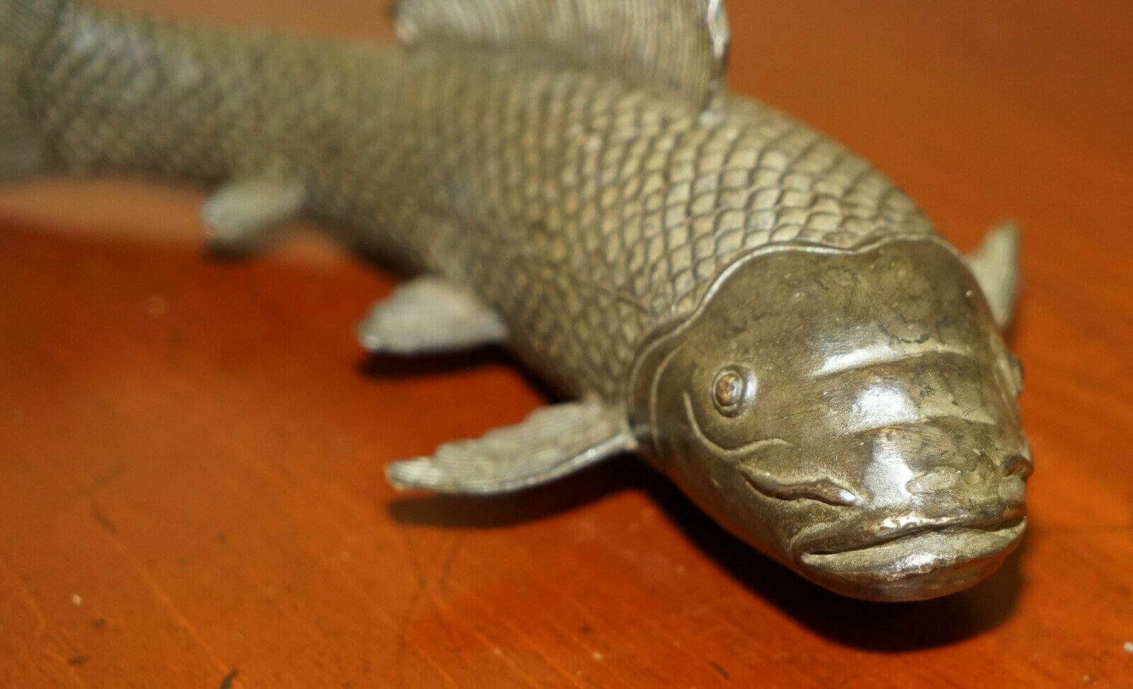 Antique Solid Bronze Japanese Koi Carp Statue Of A Wonderfully Elegant Fish photo vintage