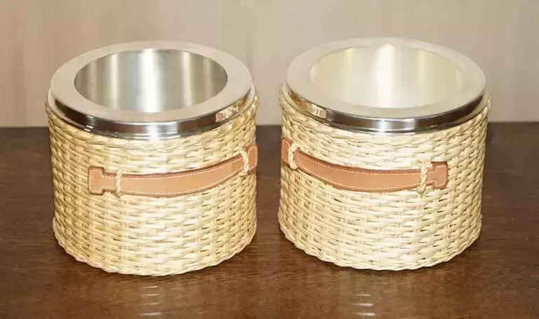 Pair Of Hermes Kelly Wicker & Brown Leather Picnic Champagne Buckets Part Suite