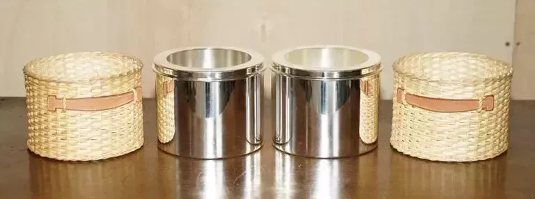 Pair Of Hermes Kelly Wicker & Brown Leather Picnic Champagne Buckets Part Suite photo for sale