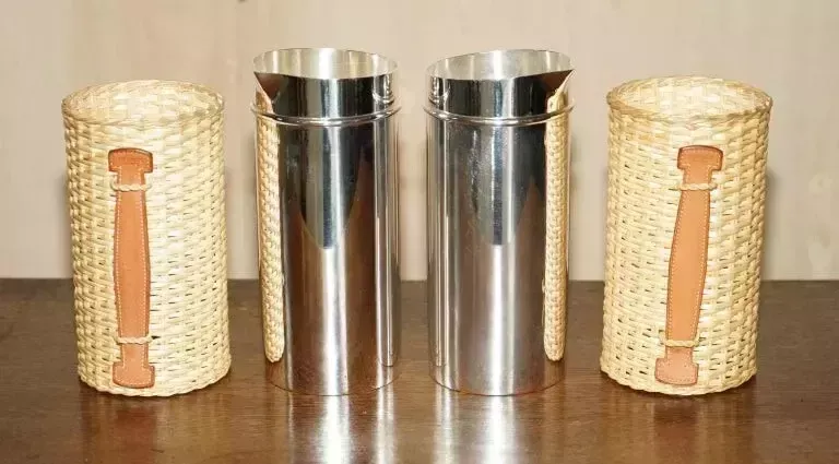 Pair Of Hermes Kelly Wicker & Brown Leather Picnic Pitcher Jugs Part Of Suite photo for sale