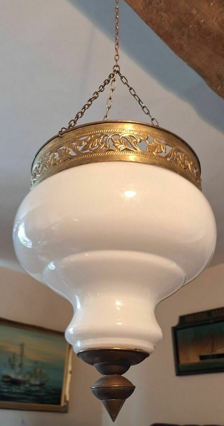 Antique Asian Colonial White Glass & Brass Candle Lantern Cloche Pendant Shade photo for sale