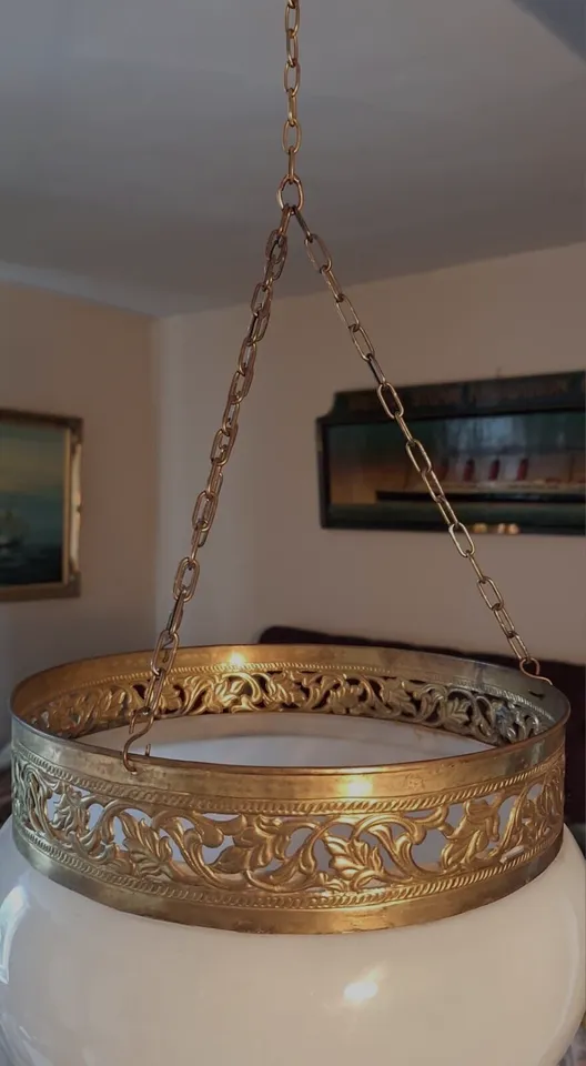 Antique Asian Colonial White Glass & Brass Candle Lantern Cloche Pendant Shade photo Lighting